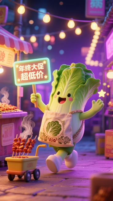 主视觉为一个拟人化的白菜小人手持荧光板，背着复古花纹布袋呼喊，布袋上写着 “年终大促 超低价”，市井夜市促销氛围，暖黄与霓虹紫配色的夜市摊位背景，点缀烤串、星星灯、硬币、迷你小推车元素。预览效果