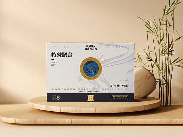 将第二张图的特殊膳食复合多维营养素粉产品包装盒放置在第一张图的木质展示台的圆形平台中央，保持产品所有文字细节完整清晰，融合自然，光影风格匹配原图，保留背景的竹子和浅米色墙面