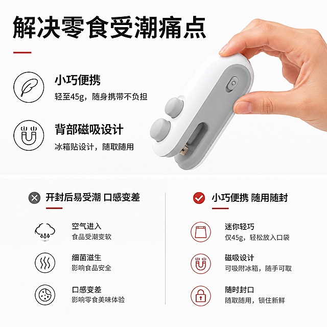 [第2屏] 核心痛点与解决卖点展示。本屏结合【图3】小巧便携信息和【图4】磁吸设计特性，重新设计排版。
[氛围/风格] 简约大气，无印良品风，干净留白，信息层级清晰。
[元素布局] 上半部分展示产品手持图，突出小巧尺寸；下半部分左右分栏，左侧写痛点，右侧写解决方式，保持产品外观与原图一致。每个卖点配简约线性图标装饰，不抢产品主体视觉。
[光影质感] 均匀柔和布光，产品清晰无暗角，文字区域明亮易读。
[配色色系] 全局底色 #FFFFFF；主色黑白，点缀浅红色分隔线，干净克制。
[视角构图] 上图下文排版，产品上半部分占50%高度，信息下半部分占50%，整体稳定平衡。
[文字版式] 顶部大标题「解决零食受潮痛点」，左侧痛点标题「开封后易受潮 口感变差」，右侧解决卖点「小巧便携 随用随封」，文字大小对比清晰，不遮挡产品。
[比例分辨率] 1:1 正方形比例，分辨率 2K，文字清晰可辨，高清画质。
[负向提示词] 产品变形，颜色偏差，文字过小，杂乱背景，水印