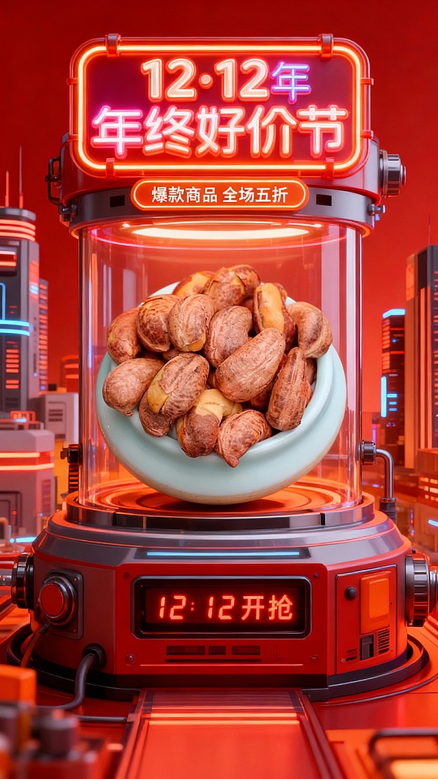 赛博朋克风3D场景，霓虹灯与金属质感结合，重拟物设计呈现未来感促销装置，花生置于透明舱内，科技感十足的12.12年终好价节海报。