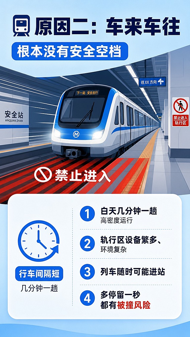 [商品] 无实物商品，纯插画科普长图。
[画面] 第3张原因二页面，目标是讲清列车运行风险。画面上方是地铁列车正快速驶入站台的场景，车头灯亮着，有速度线表现高速感，轨道区域用红色斜线标注"禁止进入"。画面下方是文字说明区，配一个时钟图标表示行车间隔短。整体上下布局，上场景下文字。
[视觉] 套系策略：风格=扁平矢量插画风格，现代简约科普风；标题字=粗体无衬线字体，醒目有力；正文字=简洁无衬线体，清晰易读；主色=地铁蓝（#1E88E5）；背景延展=浅蓝渐变背景，信息卡片用白色半透明圆角卡片；强调色=警示红（#F44336），仅用于禁止标识、危险区域标注；标题色=深海军蓝；正文色=深灰；组件=圆角信息卡片、禁止图标、时钟图标、速度线元素；光影=柔和均匀光照，无强烈阴影，保持扁平化质感。
[文字] 顶部大标题"🚇 原因二：车来车往"，副标题"根本没有安全空档"，正文要点：① 白天几分钟一趟高密度运行 ② 轨行区设备繁多、环境复杂 ③ 列车随时可能进站 ④ 多停留一秒都有被撞风险。文字均为横向排版，左对齐，层级分明。
[规格] 图片比例9:16竖版，4K分辨率，负向提示：避免3D效果、避免照片质感、避免文字竖排、避免人物面部模糊、避免颜色过于杂乱、避免信息过载。