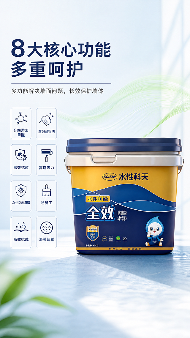 [第1屏] 详情页头图-水性科天全效内墙水漆产品主视觉海报。本屏使用【图1】作为商品主体，桶身包装结构、颜色、文字内容与输入产品图保持完全一致。
[氛围/风格] 专业环保家居风，简约高级配色，商业摄影质感，干净通透，突出产品健康安全属性。
[元素布局] 商品桶身放置在画面偏右侧区域，占据画面约65%比例，背景左侧为浅蓝渐变健康环保氛围背景，搭配淡绿色空气流动图形装饰。保持原产品桶身深蓝、黄、白色系不变，桶身文字清晰可辨。左侧区域预留足够空间放置标题和卖点信息，整体构图均衡。
[光影质感] 左前方柔和主光均匀照亮桶身，右侧形成自然柔和阴影，整体明暗层次清晰，产品轮廓真实自然。
[配色色系] 全局底色：#f0f5f9（浅蓝渐变）；主体配色：#1a3b75（深蓝）+#f2c94c（黄）+#ffffff（白）；辅助色：#81c784（淡绿）+#1a3b75（标题蓝）。
[视角构图] 正面平视视角，景深适中，左侧文字右侧产品，符合从上到下从左到右阅读动线。
[文字版式] 左侧顶部主标题：“8大核心功能 多重呵护”，副标题“多功能解决墙面问题，长效保护墙体”，下方排列8个卖点信息卡：分解游离甲醛、超强耐擦洗、高效抗菌、高遮盖力、双倍0级防霉、易施工、高效抗碱、漆膜细腻，每个卖点配小图标，文字清晰不遮挡主体产品。主标题左对齐，字号约画面宽度7%-9%，副标题和卖点字号依次递减。
[比例分辨率] 9:16竖版比例，4K分辨率，文字清晰可辨，超高清。
[负向提示词] 桶身变形，包装文字错乱，颜色偏差，水印，文字模糊，背景杂乱，产品缺件，结构错误。