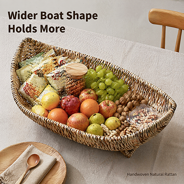 [主图-2] core highlight large capacity boat-shaped storage basket
[氛围风格] minimalist warm home style
[画质] commercial photography texture, soft light, clear product, high definition, clean picture
[elements] show the moon boat storage basket placed in home dining scene, the basket contains different kinds of fruits and snacks to demonstrate large capacity. keep the product appearance and material consistent with the input image. light gray low saturation background. the big capacity advantage is clearly demonstrated. boat shape wider design holds more items. product occupies 70% of the画面
[light] natural soft light from window, warm tone, clear texture of woven rattan, soft shadow
[color] main color natural rattan warm beige, auxiliary color light wood grain, background light gray
[perspective composition] flat lay perspective, centered composition
[text layout] upper left negative space, english text "Wider Boat Shape Holds More", large font bold, dark brown color, no shading. lower right small text "Handwoven Natural Rattan", smaller size same color. all text clear and readable, do not cover the product
[proportion resolution] 1:1 proportion, 2048*2048 pixels, 2K resolution
[negative prompt] deformation, watermark, text disorder, product blur, cluttered background