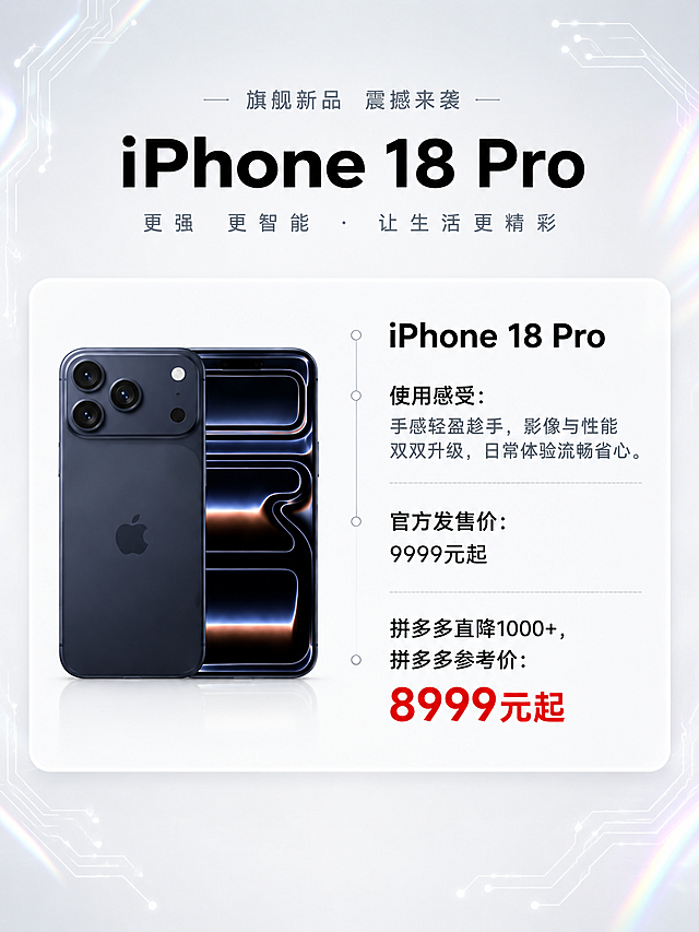 参考第一张图（76.jpeg）表格中的深蓝色 iPhone 18 Pro 手机与第二张图（60.jpg）的单卡版式，生成一张 3:4 竖版单机型促销图：左侧展示这部深蓝色三摄手机（保持颜色与设计完全不变），右侧文案从上到下依次为：机型名称“iPhone 18 Pro”；“使用感受：手感轻盈趁手，影像与性能双双升级，日常体验流畅省心。”；“官方发售价：9999元起”；“拼多多直降1000+，拼多多参考价：8999元起”（拼多多价格数字用醒目红色加粗，其他文字黑白灰）。整体黑白浅色高级简洁配色，带一点点克制镭射/全息高光科技感，全部简体中文，白色圆角卡片配浅灰背景和细线电路纹理，竖版 3:4 比例，保留充足留白。