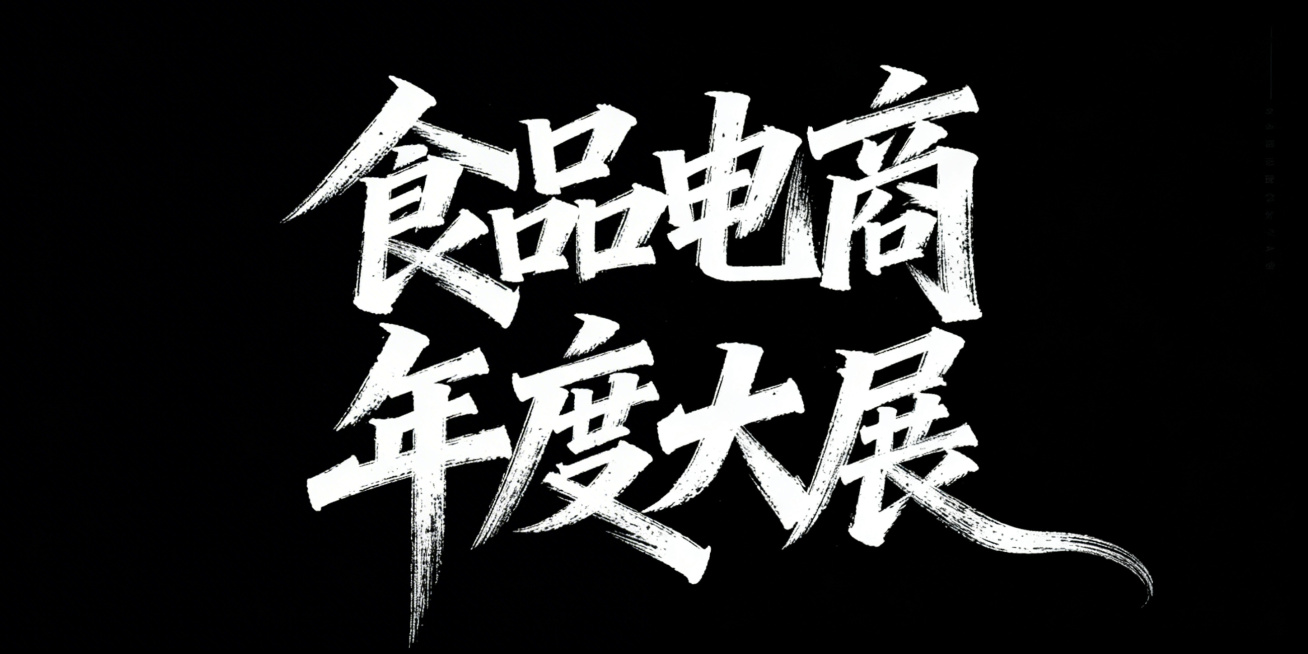 横版构图，纯黑色背景。画面主体是白色毛笔书法，内容为“食品电商 年度大展”，两行错落布局，“食品电商”在上，“年度大展”在下。字体为现代书法风格，笔触豪放粗犷，飞白效果自然，线条充满力量感和动感。字体预览效果