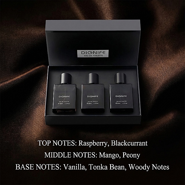Create a 1:1 DIGNIFE perfume selling point poster, American high-end style, show the perfume three-layer fragrance list: Top Notes: Raspberry, Blackcurrant; Middle Notes: Mango, Peony; Base Notes: Vanilla, Tonka Bean, Woody Notes. All English text, minimalist layout, the original DIGNIFE black perfume gift box set is placed in the picture, keep the product appearance unchanged, high-end luxury texture, European and American aesthetic