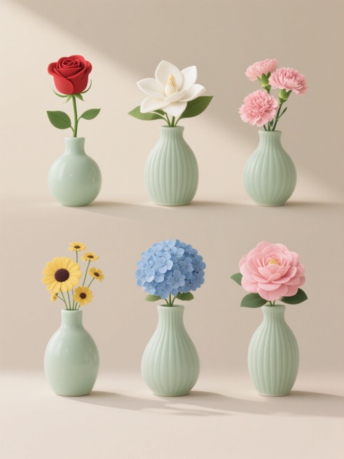一组六个具有统一极简主义风格的花瓶插画集合，每个花瓶均为淡绿色磨砂质感陶瓷材质，瓶身带有细密竖条纹纹理，高光柔和自然，光影效果为顶部斜射光源，底部有轻微阴影，整体呈现温馨雅致的居家氛围。每个花瓶中插有不同种类的单束鲜花：第一个花瓶插着盛开的红色玫瑰花，配以绿色花茎和叶片；第二个花瓶插着清新的白色栀子花，花瓣饱满；第三个花瓶插着粉色康乃馨，花型呈扇形；第四个花瓶插着蓝色绣球花，花朵簇拥成球状；第……预览效果