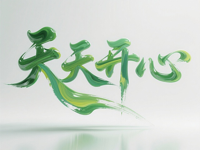 东方禅韵化表达，“天天开心”字，空间感立体书法艺术作品，具有流动的笔触，立体饱满的笔画，颜料为各种绿色油画和丙烯混合颜料，背景干净