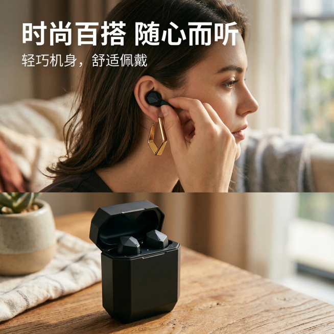 主题：模特互动·侧面佩戴
主标题：时尚百搭 随心而听
副标题：轻巧机身，舒适佩戴
还原产品设计，调高充电盒整体高度，避免扁宽造型，充电盒放置在画面的下半部分。画面上半部分是一个模特（侧面镜头，露出耳朵预览效果