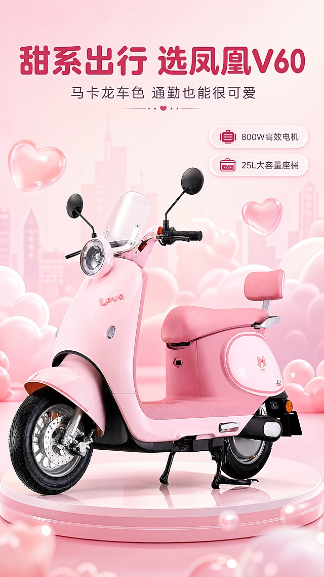 【商品】使用【图1】粉色凤凰V60整车右侧3/4视角、【图2】车尾正视图作为结构与比例校准；保留：粉色车身与深粉描边、车头手写体"Love"字样、侧板猫头戴冠贴花、白色透明挡风玻璃、圆形LED大灯与圆形黑色后视镜、粉色座垫与靠背、黑色前后挡泥板与脚踏板、银色前轮毂与后部电机壳、橙色反光片、侧边撑；商品本体文字、铭牌与贴花一律保持原样，不改写不新增，不添加任何现实中不存在的部件。
【画面】目标：第一眼看清整车全貌与甜系车色并给出主文案；主体为整车前侧3/4视角，宽度约占画面78%，居中偏下，置于粉白圆形立体台座上；画面上部约1/4留白放标题区，右侧放两条卖点胶囊；中景为3D泡泡云与飘浮的立体果冻爱心，前景少量柔焦泡泡与光斑，后景为极淡的城市剪影与粉雾。
【视觉】套系策略：风格=粉色元气 3D 立体商业渲染风（甜系少女感，产品保持实车写实质感）；标题字=现代无衬线粗圆体中文；正文字=简洁无衬线常规体中文；主色=樱花粉到蜜桃粉柔和渐变（#FBD3E0→#FFEAF2）；背景延展=米白到浅粉的柔光渐变底，叠加 3D 泡泡云朵、立体果冻爱心、粉白圆形台座等立体元素，按主色做深浅与材质层次；强调色=莓果玫红（#E8477F），仅用于小面积图标、引线、标签与数字；标题色=玫红深粉（#D5326B）；正文色=暖灰紫（#7C6C74）；组件=圆角白底与半透粉底信息卡、细粉线引线、粉胶囊序号、立体小图标；光影=柔和粉调影棚光，产品底部柔和接触阴影与轻微倒影，左前上方柔光。
【文字】主标题「甜系出行 选凤凰V60」，副标题「马卡龙车色 通勤也能很可爱」，两条卖点胶囊「800W高效电机」「25L大容量座桶」；全部横向排版，集中在画面上部1/4，不遮挡车头、仪表与挡风玻璃；字体清晰，手机端可读。
【规格】图片比例9:16竖版（1152×2048），分辨率4K；避免：车身拉长压扁、结构变形、部件缺失或错位、车漆与贴花颜色改变、本体文字错乱、错字乱码、蚂蚁字、竖排或旋转文字、平台logo/水印/二维码、站外导流、绝对化用语、冷蓝冷灰主色。