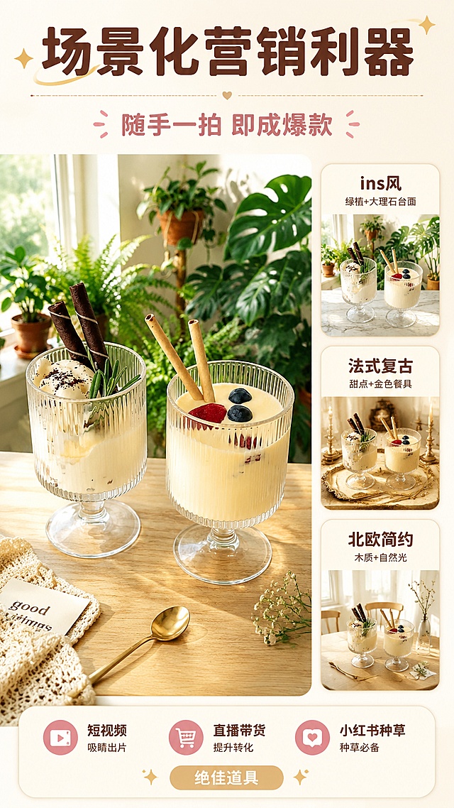 [第9屏] 场景化营销利器——ins风/法式复古/北欧简约多风格适配，短视频直播种草。本屏使用【图5】作为素材（甜品杯场景）。
[氛围/风格] 网红种草风，ins质感，暖调自然光，商业生活方式摄影质感。
[元素布局] 画面主体是两只竖纹高脚杯（分别装冰淇淋甜品和布丁甜品）摆放在木质台面上，背景是绿植+窗边阳光，营造ins风下午茶场景；画面右侧有三个风格标签卡片，分别展示三种风格适配：ins风、法式复古、北欧简约；底部有「短视频/直播/小红书种草」的营销场景示意。
[光影质感] 窗边自然光，暖调柔和，杯身竖纹光影清晰，甜品色泽诱人，整体明亮通透。
[配色色系] 全局底色 #F7F3EE（米白暖调）；主色奶白+木色+植物绿；辅助色奶油黄、莓果红；点缀色暖金。
[视角构图] 左图右文构图，左侧场景大图，右侧风格标签卡片竖向排列。
[文字版式] 顶部主标题「场景化营销利器」，副标题「随手一拍 即成爆款」；右侧三张圆角卡片：①「ins风 绿植+大理石台面」②「法式复古 甜点+金色餐具」③「北欧简约 木质+自然光」；底部信息条写「短视频·直播带货·小红书种草 绝佳道具」；文字用深棕色+豆沙粉色，圆角黑体，清晰可读。
[比例分辨率] 9:16竖版比例，4K分辨率，文字清晰可辨，高清画质。
[负向提示词] 杯身变形，缺件错件，结构错误，颜色偏差，水印，文字错乱，文字过小，产品图模糊，背景杂乱。