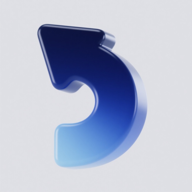 3D渲染风格的右向箭头图标，纯白色背景，箭头整体呈现平滑流畅的弯曲造型，具有强烈的立体感和光泽感，表面有细腻的渐变过渡，高光区域明亮突出，阴影部分自然柔和，箭头配色改为从深蓝色渐变至浅蓝色，保持原有的材质质感和光影效果，简洁现代的设计风格。预览效果