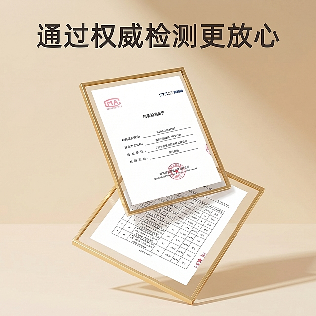 生成简约风格证书场景图，将两张证书放到带玻璃框的画框中展示，参考第三张参考图的构图和背景风格，图片比例为1:1，整体保持简约，和第三张参考图相似度为50%，背景采用暖调浅米色，两个证书分别装在两个金色玻璃画框中，顶部保留文字"通过权威检测更放心"