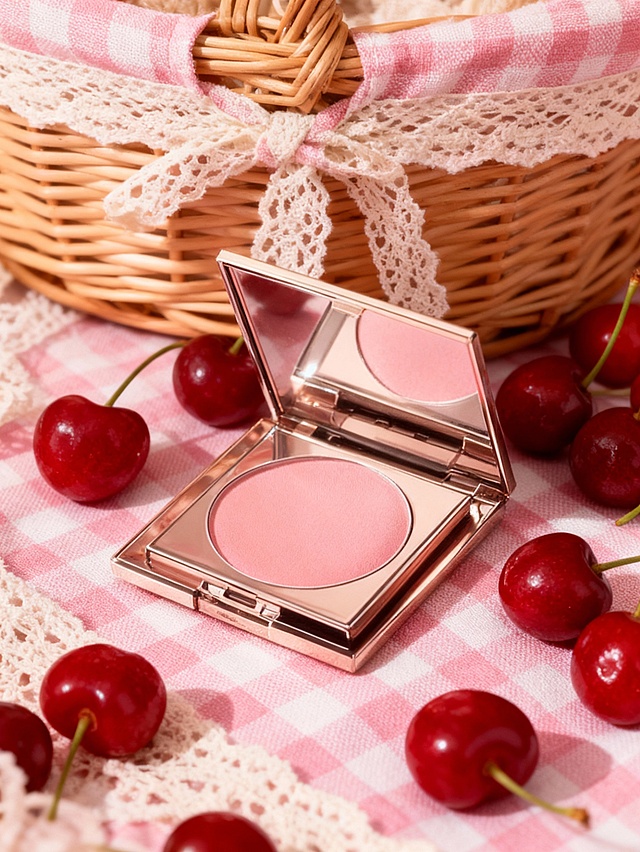 粉嫩腮红搭配樱桃与格纹布，轻拟物风呈现甜美清新感，金属质感外壳呼应复古文艺气息，营造春日野餐的舒适时尚氛围。
