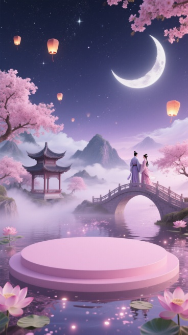 画面主体是圆形粉色展台（空置，粉色展台上面不要有东西）。
在远处左边/右边有一座拱桥，桥上有一对身着古风服饰的男女并肩而立；夜空下，弯弯的小小月亮，繁星点点，有一两个飞在高空的孔明灯，粉紫色调的天空与预览效果