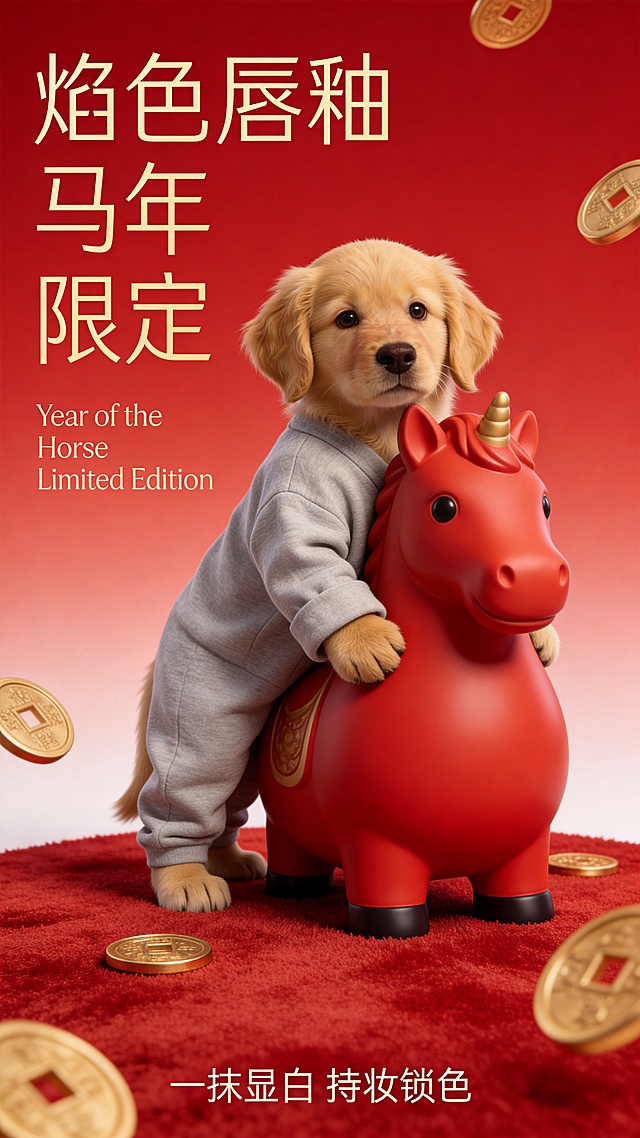 软3D风卡通小狗骑红马，国潮塑料质感，金币环绕，喜庆可爱，马年限定礼盒视觉。