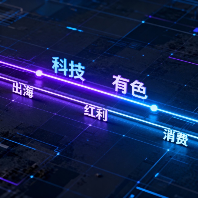 一张导航路线规划图。科技和有色是主路，红利是辅路，出海+消费备选路线预览效果
