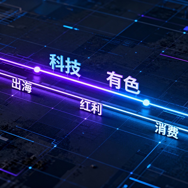 一张导航路线规划图。科技和有色是主路，红利是辅路，出海+消费备选路线