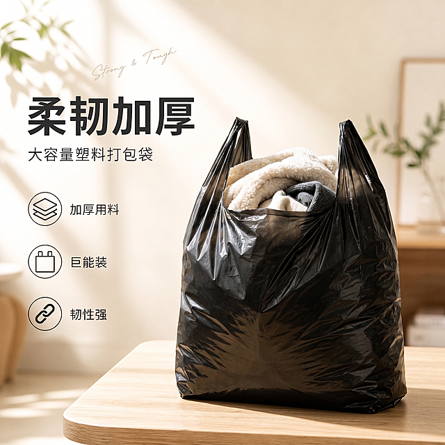 简约现代风，自然光线下展现塑料袋的柔韧质感，结合3D立体光影与金属光泽，突出产品耐用性与大容量特性，营造生活化科技美学。