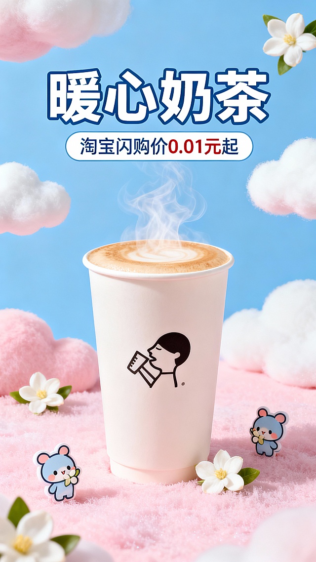 宣传海报（蓝粉色系可爱营销风背景，茉莉奶白热奶茶）
1920*1080像素尺寸竖版
主标题“暖心奶茶”，副标题“淘宝闪购价0.01元起”
