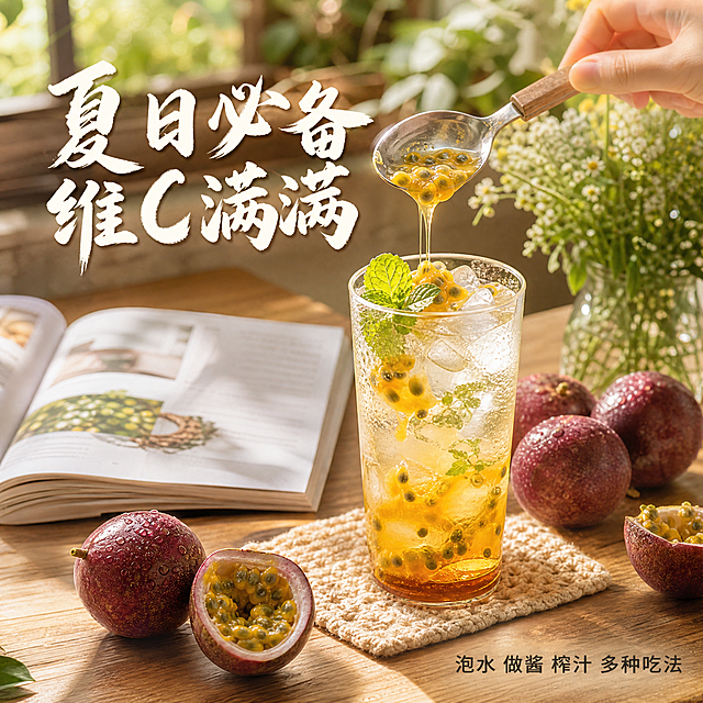 [主图-4] 食用场景与生活方式 从江百香果场景代入图。
[统一基调] 自然新鲜食欲风，背景以暖绿、金黄、深紫为主色调，主标题用粗厚书法感字体配金黄字色带轻微阴影，辅助文案用清爽黑体白色，整体暖阳逆光，产地果园氛围。
[画面] 画面呈现温馨的居家餐桌场景，阳光从窗边斜射进来。木质餐桌上放着一杯正在制作的百香果饮品，透明玻璃杯里有金黄的百香果果肉、冰块、蜂蜜和薄荷叶，旁边有一把勺子正舀着百香果果肉往杯里加，果汁拉出细丝。桌上还散落着几颗完整的从江百香果和切开的半颗，旁边有一本打开的杂志和一小束野花。整体是第一人称视角的生活感画面，自然惬意。
[光影质感] 窗边自然暖阳逆光，柔和温暖，杯壁有冷凝水珠的质感，冰块通透，百香果果肉金黄诱人，桌面有柔和的光影和投影，整体生活方式摄影质感，真实有氛围感。
[配色] 背景暖木色+浅米色+阳光金黄，主体深紫+金黄，主标题白色或金黄色，辅助文案深灰色，整体温暖治愈。
[文字版式] 画面左上角大标题"夏日必备 维C满满"粗书法字体白色带浅阴影。画面右下角小字"泡水 做酱 榨汁 多种吃法"深灰色。文字放在画面边缘负空间，不遮挡饮品和果实主体。
[输出要求] 1:1正方形，2048x2048，文字清晰可读，产品清晰真实，禁止变形、错字、模糊、杂乱、水印、平台Logo、极限词。