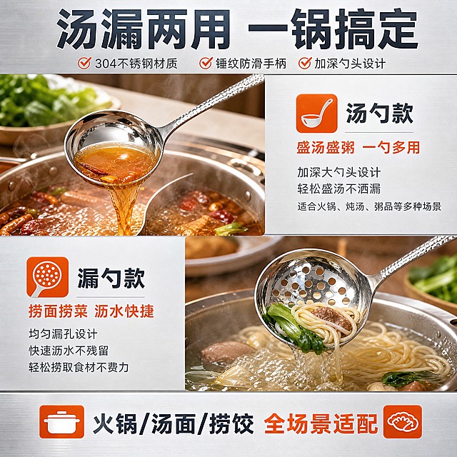 [主图-2] 核心功能卖点图，展示汤勺漏勺两件套的使用价值与功能优势。
[统一基调] 1688 B端源头工厂风格，整体干净通透，金属质感强烈，背景以浅灰渐变+工厂台面元素为主，标题字色为深灰金属蓝，辅助字色为中灰，强调色为橙红色，字体为无衬线粗体，字号层级分明，卡片与图标采用简洁工业风线条样式。
[画面] 画面左侧为汤勺正在从火锅中盛汤的使用场景特写，右侧为漏勺正在捞取面条/食材的使用场景特写，两个场景上下分区。产品保持原图外观：304不锈钢镜面勺头、锤纹手柄、汤勺完整圆头、漏勺带均匀圆孔。背景为温暖的厨房火锅台面，蒸汽升腾，食材丰富，突出真实使用感。
[光影质感] 商业摄影质感，暖色调厨房光线，勺头反射火锅暖光，锤纹手柄纹理清晰，产品与场景自然融合，无悬浮感。
[配色] 场景暖色调（火锅红、食材绿、汤底橙）与产品金属银色形成对比，文字深灰金属蓝，强调色橙红。
[文字版式] 顶部大标题"汤漏两用 一锅搞定"，左侧场景下方标注"盛汤盛粥 一勺多用"，右侧场景下方标注"捞面捞菜 沥水快捷"，底部补充"火锅/汤面/捞饺 全场景适配"。
[输出要求] 比例1:1，文字清晰可读，产品清晰锐利，无变形、错字、模糊、杂乱、水印、平台Logo。