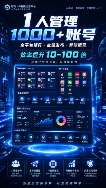 未来数据科技海报，主文案："1 人管理 1000 + 账号 全平台矩阵・批量发布・智能运营 效率提升 10–100 倍 小微企业拥有大厂级营销能力"，多平台账号矩阵可视化，大数据可视化展示，科技蓝主色预览效果