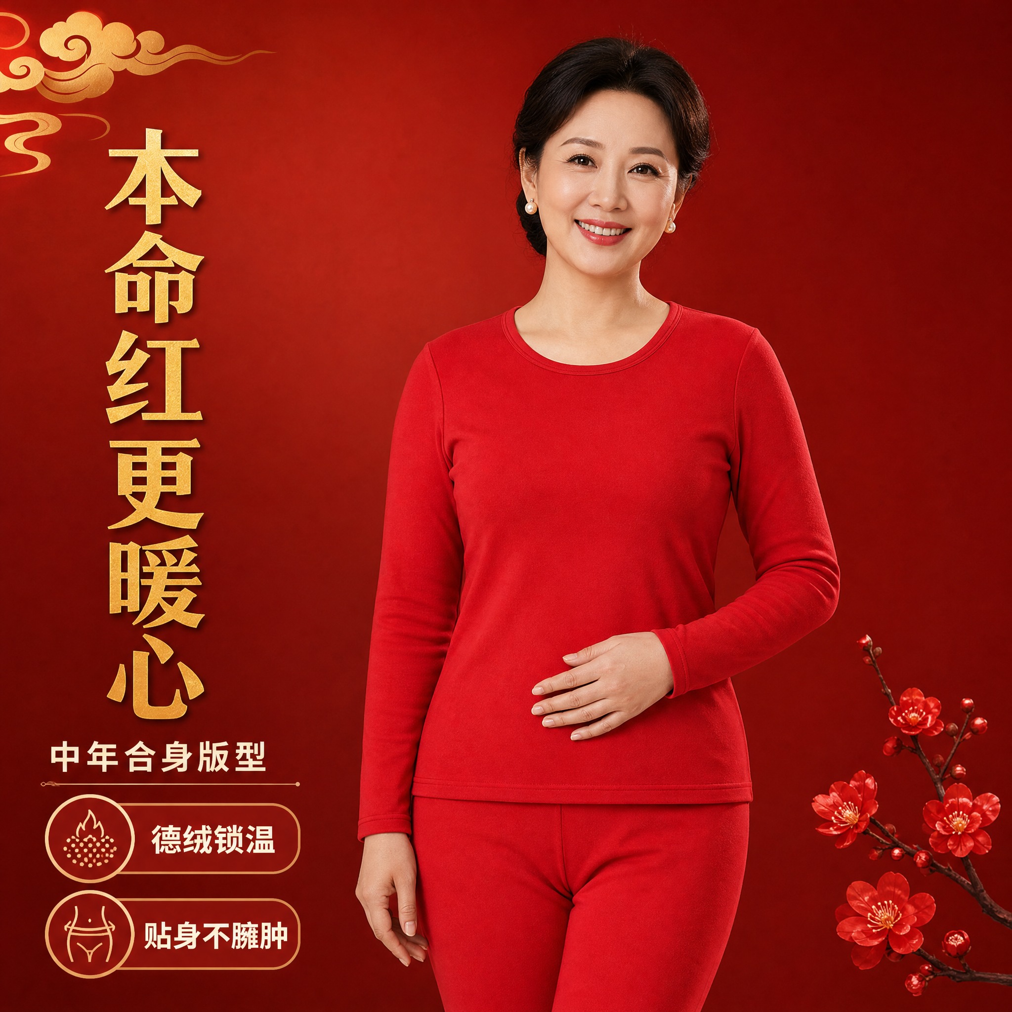 [主图-2] 中年女性本命年德绒保暖内衣套装模特主图，核心展示… - 图片创意预览