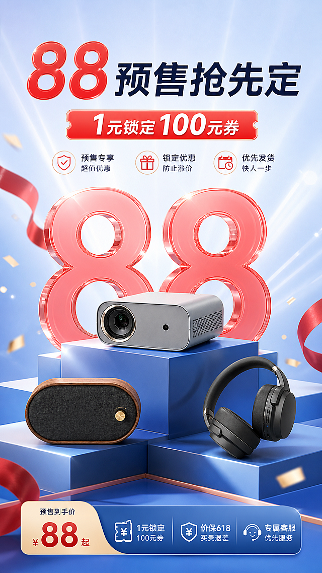 现代品牌电商促销 3D 竖版海报，主标题“88预售抢先定”，副标题“1元锁定100元券”。浅蓝白渐变背景，正面微仰视视角，产品高低错落摆放在蓝色几何礼盒展台上，后方有巨大透明红色玻璃质感立体“88”。画面两侧有少量红色缎带环绕，背景有柔和放射光束、暖色高光和细腻投影，整体干净通透、清爽高级、促销氛围克制热烈。画面留白适当，排版精美。9:16