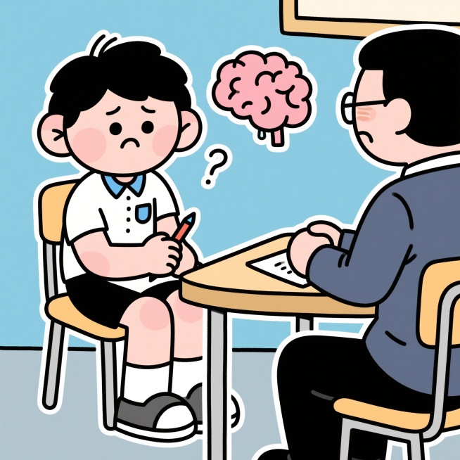 简笔画，表现考研复试过度紧张的问题，画面里学生坐在面试老师对面，眼神躲闪，抖腿转笔，遇到不会的问题一脸呆滞，旁边有表现大脑空白的符号预览效果