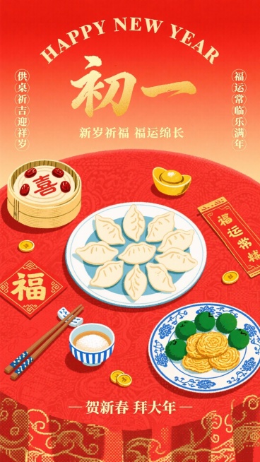 插画海报，俯视视角，画面正中间，铺大红绒布，盘子上摆着饺子（饺子摆成莲花形），周围分布着竹蒸笼装的红枣发糕（桌左上方，蒸出 “喜” 纹）、瓷盘装的酥糖（桌右下方，金黄酥脆）；搭配青绿桂圆（摆盘装饰）、预览效果