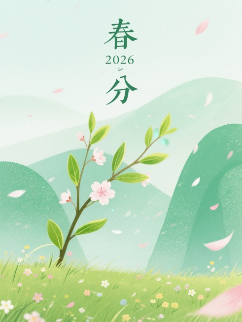 2026年春分节气海报，清新治愈如沐春风的氛围，淡绿色柔和色调，画面有嫩绿的新芽、飘落的樱花花瓣、和煦的微风，草地上点缀着小野花，远处是朦胧的青山，整体明亮柔和，画面上方标注文字「春分 2026」预览效果