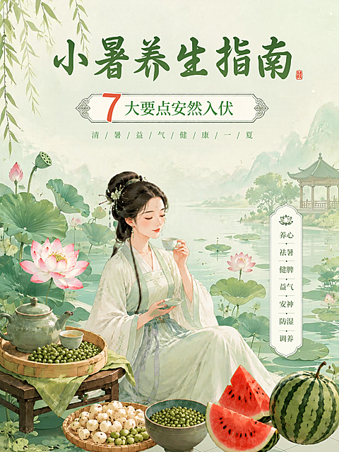 小暑养生指南科普分享中式感小红书封面