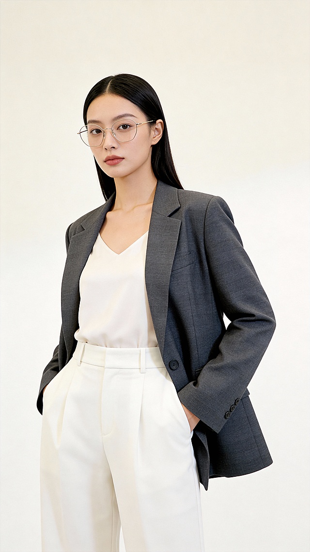 时尚女人佩戴指定眼镜全身照