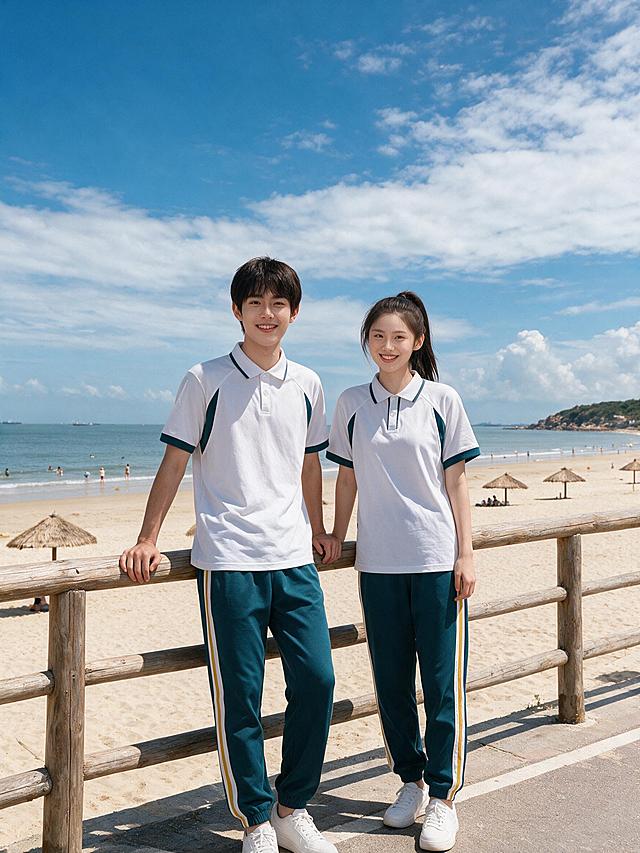海边沙滩度假村双人校服全身照，阳光明媚。172厘米少年男模特保持图1相貌（黑色短发，阳光笑容），168厘米少女女模特保持图2相貌（乌黑高马尾，甜美笑容），两人身高接近，并排站在1.5米高的原木色护栏前。两人均严格按图3穿同款校服，特别注意衣领细节：白色短袖polo上衣，衣领白色领面配深青色滚边，白色门襟配白色圆形纽扣，肩部与袖部深青色插肩拼块、拼块边缘带白细条，袖口深青色宽边，衣摆自然下垂；深青色束脚运动长裤，裤腿外侧白黄双色条纹；均穿白色小白鞋。姿态：男模特站在原木护栏前，双手靠在护栏上，面对镜头微笑；女模特站在他旁边，单手靠着护栏，另一只手自然下垂，面对镜头微笑。背景：海边沙滩度假村，地上是一条骑行道的路面，护栏后面可见大片沙滩和海，沙滩上有几个茅草遮阳伞，有零星嬉戏和游泳的游客，海远处隐约有船只，右边有海岸线低矮山丘，天空湛蓝，大片白色云朵舒展，海水平缓开阔，阳光明媚自然，清爽通透海滨度假氛围，写实摄影，高画质，细节丰富，自然色彩，两人全身完整入镜