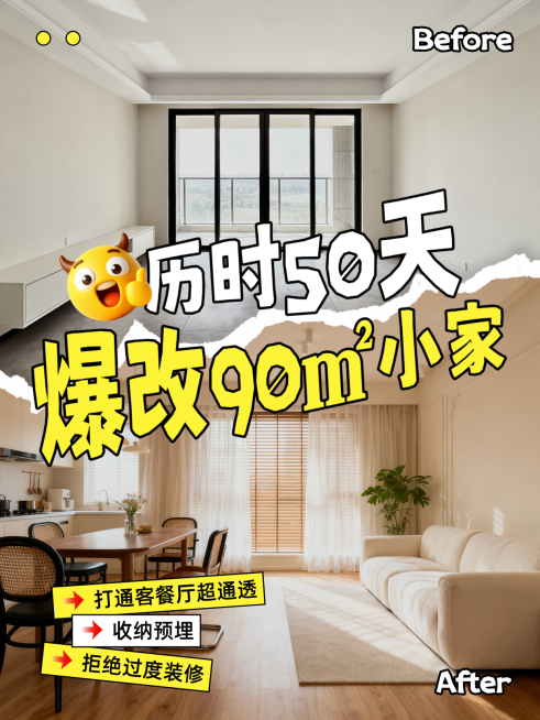 家居装修攻略旧房改造前后对比家装客厅旧改拼图小红书封面预览效果