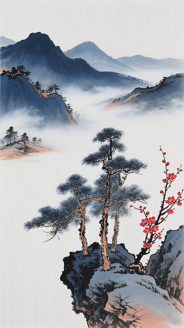 中国水墨画风格，以深靛蓝与赭石色为主色调，淡墨渲染的远山层叠起伏，山间云雾缭绕，近景处几株挺拔青松立于嶙峋岩石之上，左侧一枝红梅斜逸而出，花瓣用朱砂点染，背景为细腻的浅灰色竖条纹宣纸纹理，整体画面意境悠远宁静，留白恰到好处，呈现出传统文人画的清雅韵味。