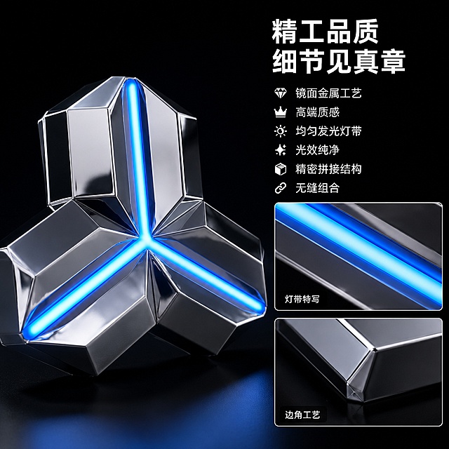 [主图-3] H8阵列模块材质工艺细节图，金属镜面质感与发光效果特写
[氛围风格] 高端精密感 工业设计美学 细节展示
[画质] 微距商业摄影质感 细节极致清晰 金属纹理锐利 光效纯净
[元素] 画面左侧为H8阵列模块45度角特写，占据左半部分，清晰展示金属镜面抛光表面的细腻质感、棱角分明的切割工艺、三瓣结构的精密拼接缝隙。右侧上方为发光灯带放大特写，展示冰蓝色LED光带的均匀发光效果和灯槽结构。右侧下方为模块边角工艺特写，展示倒角处理和金属厚度。背景为深黑色渐变，突出产品质感。保持H8阵列模块外观（即物理结构 材质质感 三瓣Y形造型 金属镜面 冰蓝色发光灯带）与输入产品图绝对一致，杜绝任何变形和色差，精细化处理。商品主体占比约70%。
[光影] 侧上方硬光打出金属锐利高光和清晰棱线，体现镜面质感；模块底部有柔和阴影增加立体感；冰蓝色光带自发光，在灯槽边缘形成柔和光晕；整体光比偏大，突出金属质感和科技感。
[配色] 主色 镜面金属银 冰蓝色光；辅色 纯黑背景 白色文字
[视角构图] 左侧主体45度斜侧视角，右侧上下两个细节放大框形成画中画结构；视线从主体移向细节，层次分明。
[文字版式] 右上区域文字左对齐，主标题"精工品质 细节见真章"白色粗体无衬线最大号。下方三条卖点短句：「镜面金属工艺」「高端质感」「均匀发光灯带」「光效纯净」「精密拼接结构」「无缝组合」。每条卖点前加小图标，文字白色，主标题最大，卖点文字约半高。细节放大框内底部标注名称：「灯带特写」「边角工艺」，白色小字。
[输出要求] 1:1比例 文字清晰锐利 超高清微距商业摄影质感
[负向提示词] 变形 文字错乱 划痕 污渍 背景杂乱 水印 电商平台Logo