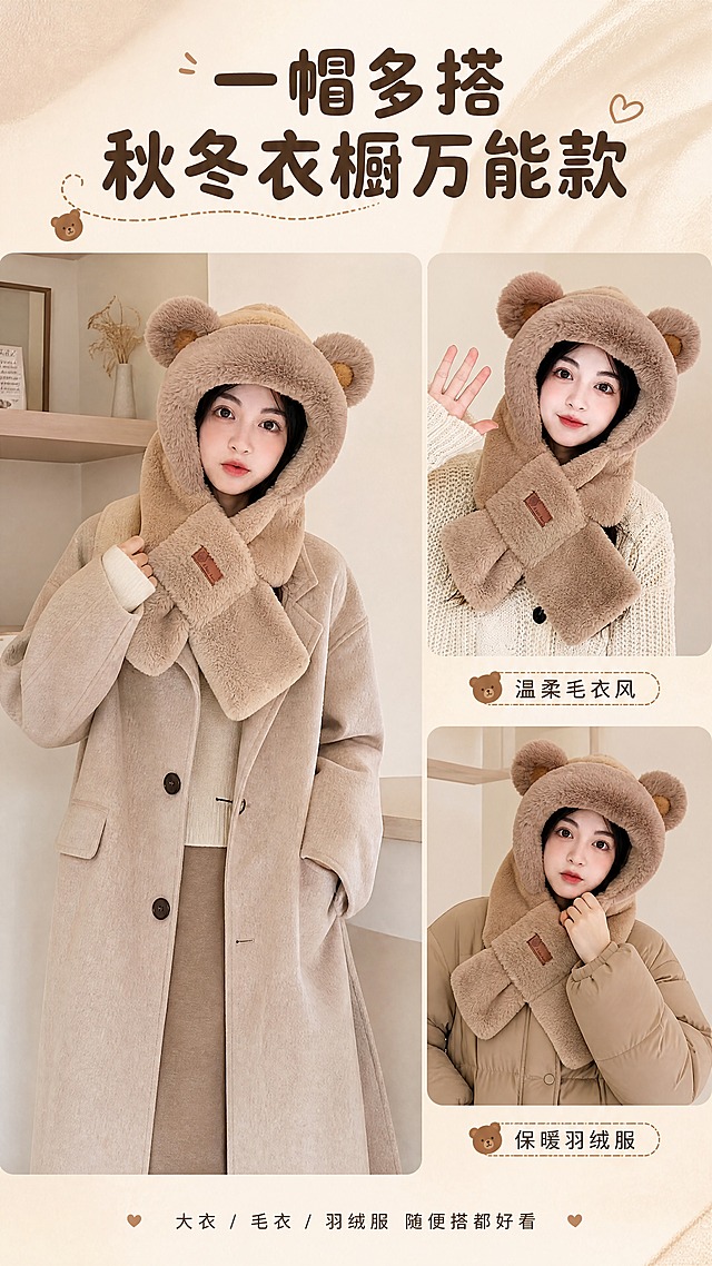 [商品] 使用【图1】卡其色小熊围脖帽；保留熊耳、交叉围脖、皮质标、仿兔毛绒、卡其色；理顺毛绒增强蓬松感，不改变版型。
[画面] 目标：搭配灵感页，展示三种秋冬穿搭组合。构图：左大图右两小图布局；左侧60%为卡其色小熊围脖帽+燕麦色大衣的全身/大半身穿搭主图；右侧上下分两小图，上图是搭配米白毛衣的近景，下图是搭配浅棕羽绒服的特写；每套穿搭都清晰展示小熊围脖帽；主体占画面65%；景别：大半身+近景+特写组合；前景无，中景穿搭组合，后景暖米色室内场景+柔和自然光。
[视觉] 套系策略：风格=奶系简约韩风商业摄影；标题字=圆润无衬线粗体；正文字=纤细无衬线体；主色=奶杏米棕；背景延展=基于奶杏米棕做深浅渐变、同色系柔和过渡、细腻毛绒/哑光纸张质感；强调色=焦糖棕，仅用于小面积图标、引线、标签和皮质标点缀；标题色=深棕咖；正文色=暖灰棕；组件=细棕线分隔、小标签标注穿搭类型；光影=暖柔光统一。
[文字] 顶部主标题"一帽多搭 秋冬衣橱万能款"；右侧两小图分别标注「温柔毛衣风」「保暖羽绒服」；底部小字"大衣/毛衣/羽绒服 随便搭都好看"；全部横向排版，文字不遮挡产品。
[规格] 比例9:16竖版，分辨率4K，quality=medium；避免变形、错字、文字过小、冷蓝背景、穿搭不协调、产品颜色偏差。