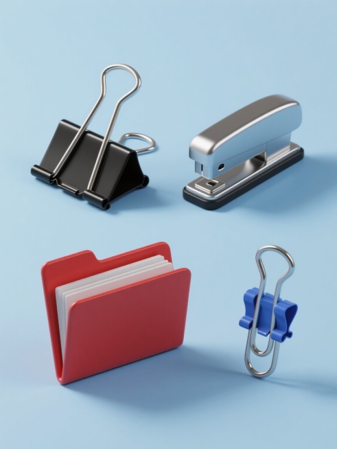 一组四个不同办公文具的系列素材集合，保持3D写实风格，金属质感与高光阴影细节清晰，纯色背景，每个元素独立规整排布，包含黑色长尾夹、银色订书机、蓝色回形针、红色文件夹，整体色彩协调统一，具有相同的光照角度和材质表现。预览效果