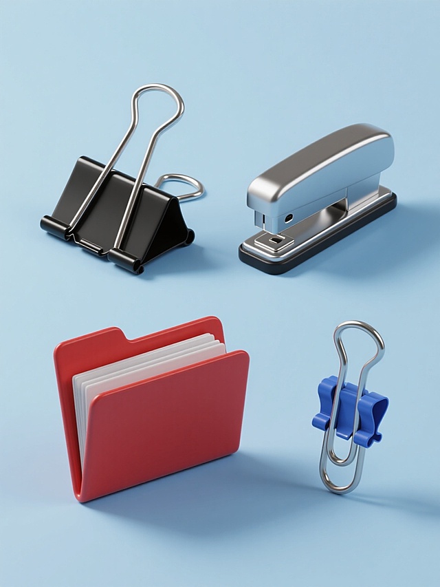 一组四个不同办公文具的系列素材集合，保持3D写实风格，金属质感与高光阴影细节清晰，纯色背景，每个元素独立规整排布，包含黑色长尾夹、银色订书机、蓝色回形针、红色文件夹，整体色彩协调统一，具有相同的光照角度和材质表现。