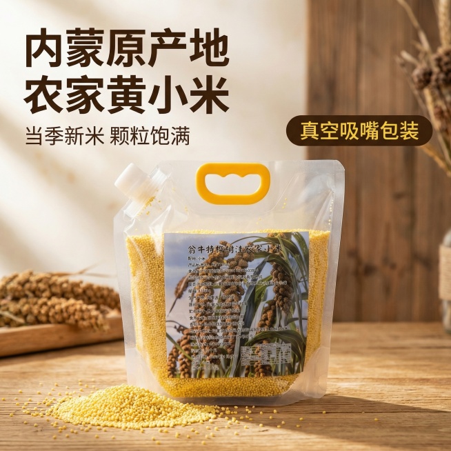 [主图 1] 
[主图主题] 翁牛特桦树洼农家小米产品首图
[氛围/风格] 自然原生态风格，自然暖光，新鲜健康氛围
[画面元素] 袋装农家小米产品居中展示，背景为温馨质朴的木质餐桌，搭配散落的新鲜小米预览效果