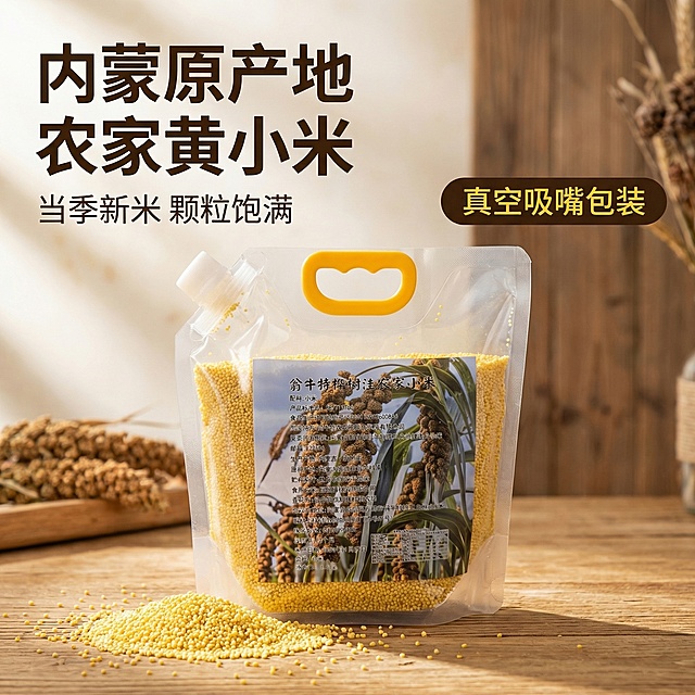 [主图 1] 
[主图主题] 翁牛特桦树洼农家小米产品首图
[氛围/风格] 自然原生态风格，自然暖光，新鲜健康氛围
[画面元素] 袋装农家小米产品居中展示，背景为温馨质朴的木质餐桌，搭配散落的新鲜小米颗粒，暖自然光从侧方照射，突出小米金黄通透色泽，光影自然柔和
[配色色系] 主色调：小米金黄、木桌棕褐色；辅助色：包装袋透明质感、自然米白
[视角构图] 平视角度，产品主体占据画面中心约60%区域，景深适中
[文字版式] 主标题 "内蒙原产地 农家黄小米" 位于画面左上方，加粗无衬线字体，深褐色大字；副标题 "当季新米 颗粒饱满" 小字在主标题下方；右侧圆角标签 "真空吸嘴包装"，深底黄字，整体采用左文右图布局，文字不遮挡产品主体
[比例分辨率] 1:1 比例，2k 分辨率