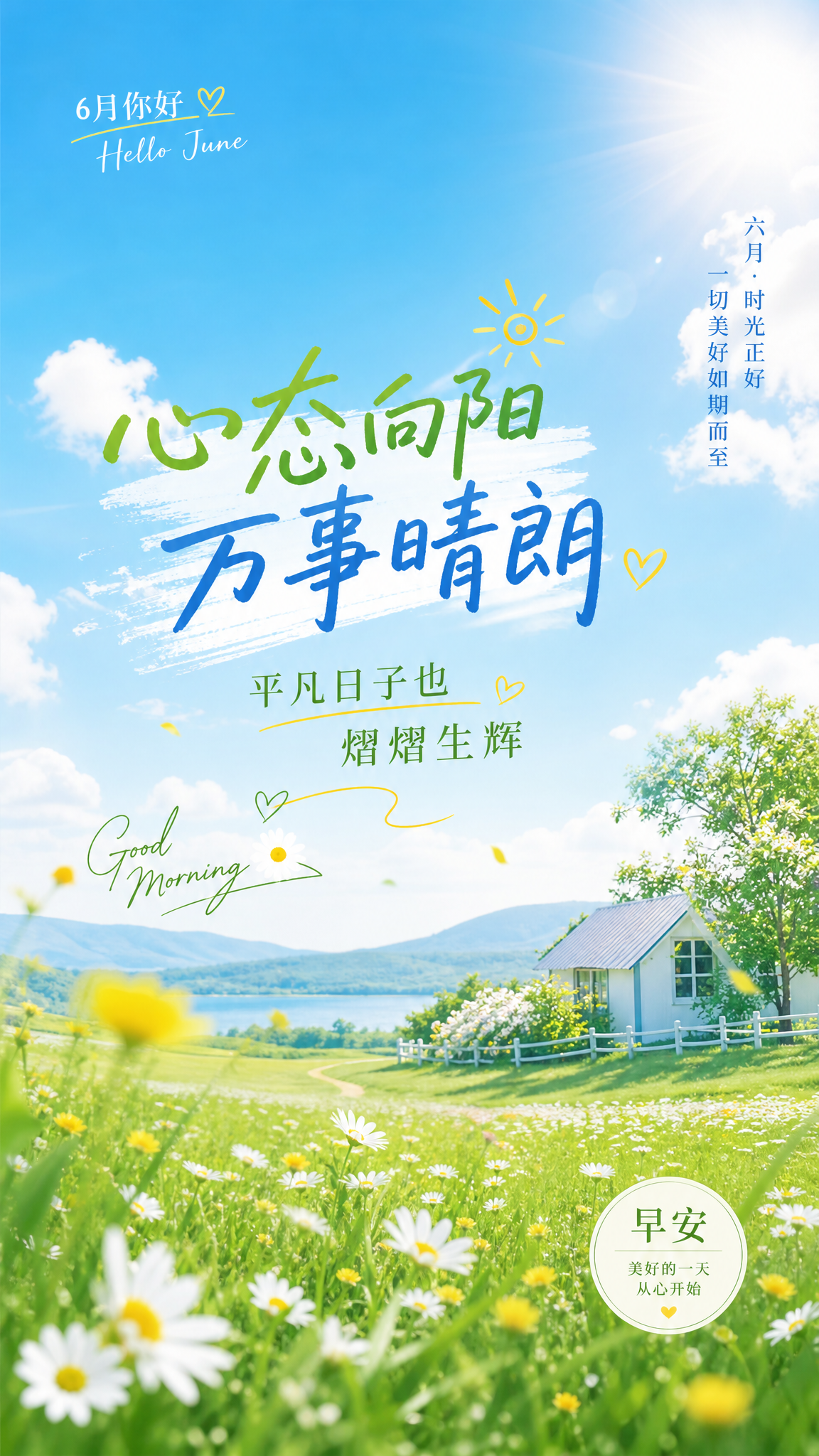 6月份早安海报，阳光明媚晴朗蓝天草地，主文字文案“心态向阳万事… - 图片创意预览