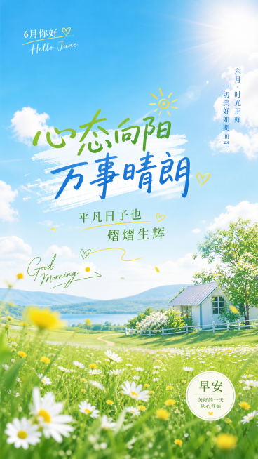 6月份早安海报，阳光明媚晴朗蓝天草地，主文字文案“心态向阳万事晴朗，平凡日子也熠熠生辉”，温暖清新风格，竖版构图预览效果
