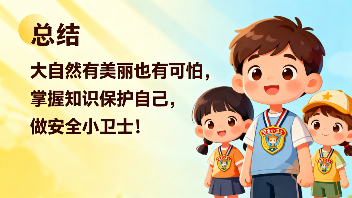 PPT页面，标题为"总结"，文字内容为"大自然有美丽也有可怕，掌握知识保护自己，做安全小卫士！"，搭配小朋友佩戴安全小卫士徽章的卡通插图，风格童趣温暖预览效果