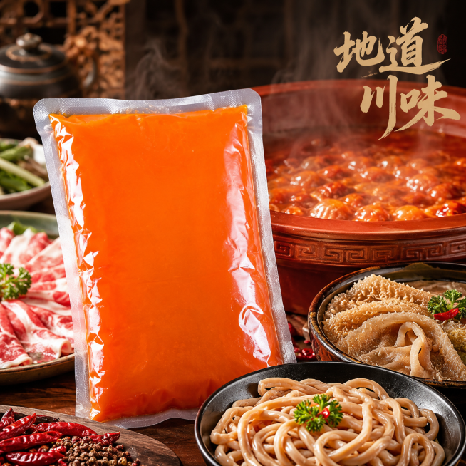 [主图 4] 火锅红油食用场景展示。[氛围风格]新中式电商风格，居家烟火食欲氛围；[质感]商业摄影，高清真实，场景自然温馨；[元素]袋装火锅红油放置在红陶火锅锅边，锅里咕嘟咕嘟煮着红油火锅，热气升腾，预览效果