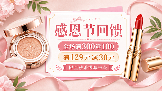 参考这张美妆促销图生成类似推广图，保持大小520像素*280像素不变，适当修改文字和排版，保留原来的促销活动信息，整体是粉色柔和风格，左侧展示气垫，右侧展示金色外壳口红，保留粉色丝带装饰，文字内容为全场满300返100、感恩节回馈、满129元减30元、限量秒杀满减来袭