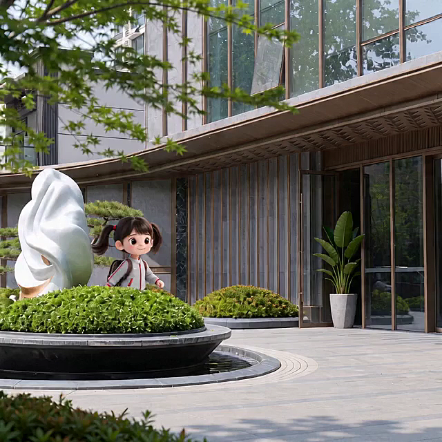 卡通感3D风，软3D质感人物与现代建筑融合，清新自然色调营造舒适氛围，轻拟物设计提升视觉亲和力，展现都市生活中的童趣与现代感。