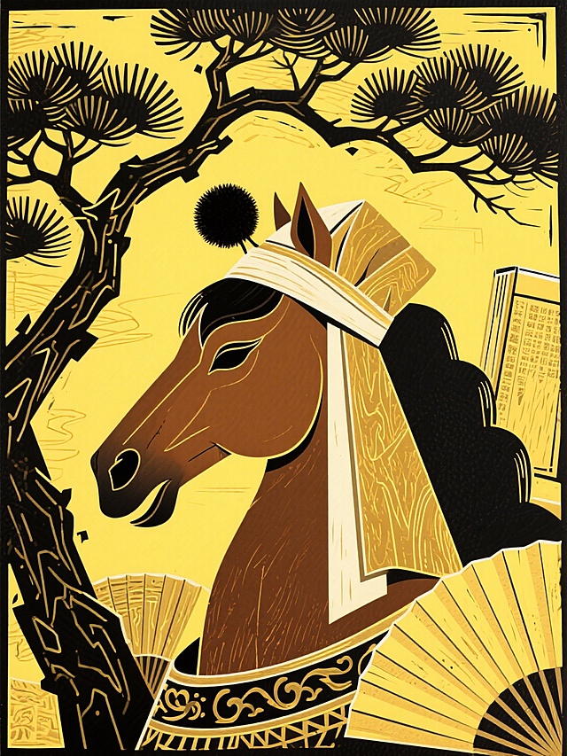 木刻画，版画，主体是带有老生纶巾戏曲头饰的棕褐马头（纶巾素雅，缀墨色绒球，神态沉稳），搭配苍劲古松（枝干虬曲，松针茂密），以棕黄为基底、松枝荧光纹为暗纹背景。构图以马头为视觉核心，融入泛黄书卷，点缀戏曲折扇元素，整体色调棕褐、墨、金为主，兼具古韵与国潮感。